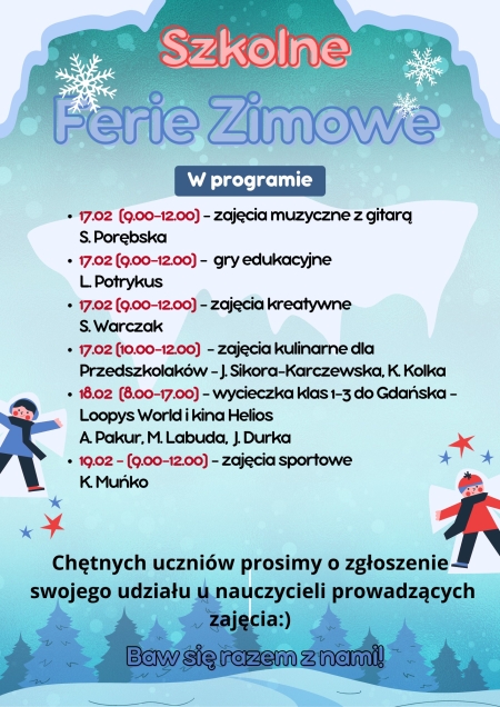 Harmonogram Szkolnych Ferii Zimowych
