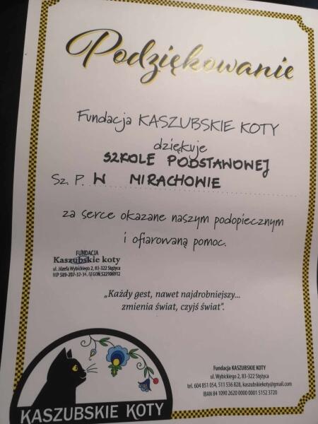 Podziękowanie z Fundacji Kaszubskie Koty